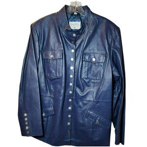Pamela McCoy 2X Genuine Leather Jacket Blue Snap Front Long Sleeve NWOT